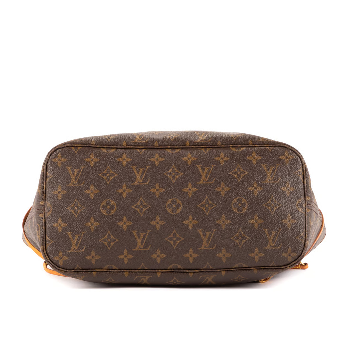 Neverfull tote back panel: dark monogram canvas with curved pocket and tan piping