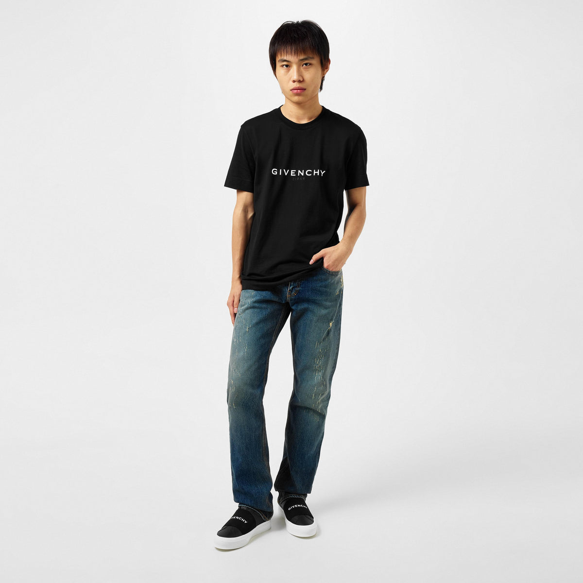 Black T-shirt with GIVENCHY logo on chest and crew neckline