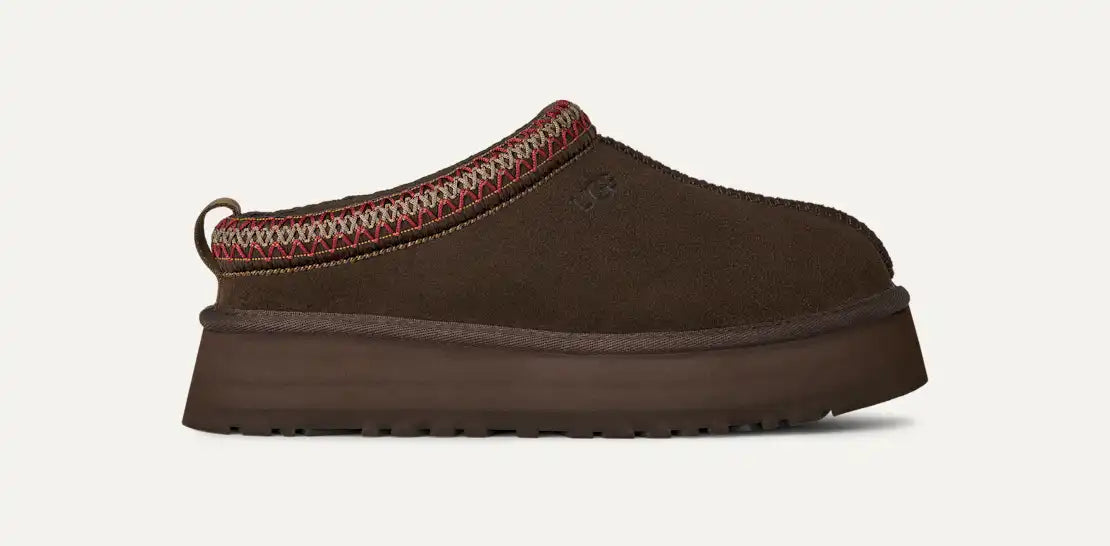Brown suede slip-on clog with patterned knit trim and dark rubber sole
