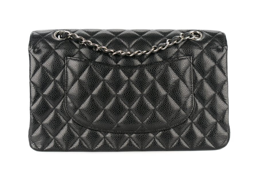 Medium Classic Flap shoulder bag, dark black quilted, back view with logo clasp