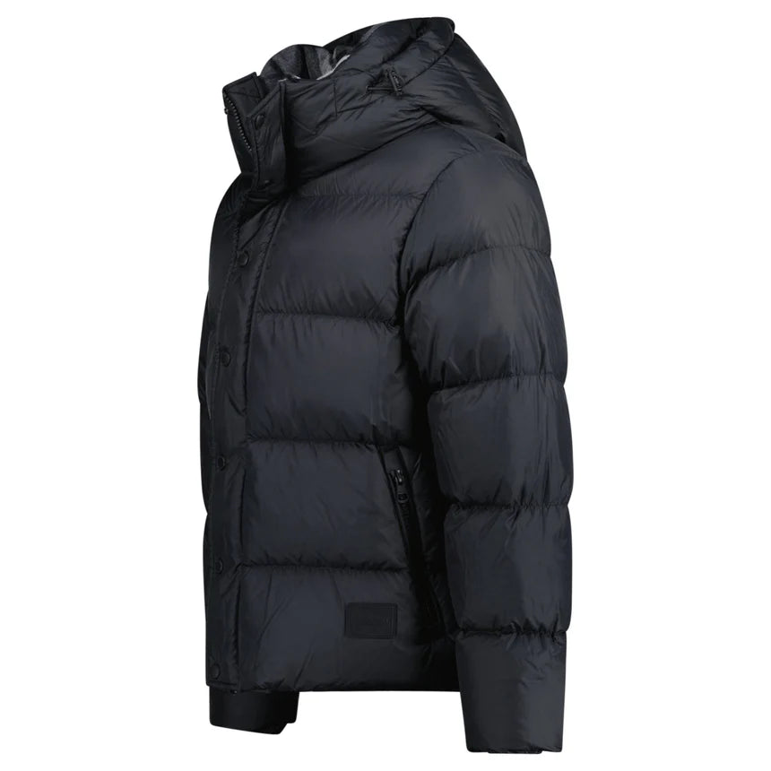 Burb Halsby puffer down jacket, black, side view with hood and quilted baffles