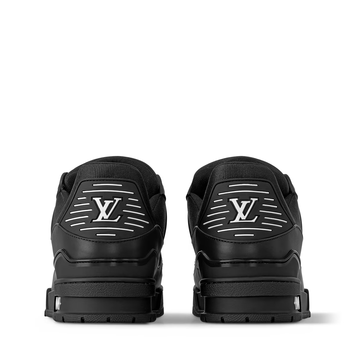 LV Trainer sneakers, heel view: black back tab with LV logo and padded collar