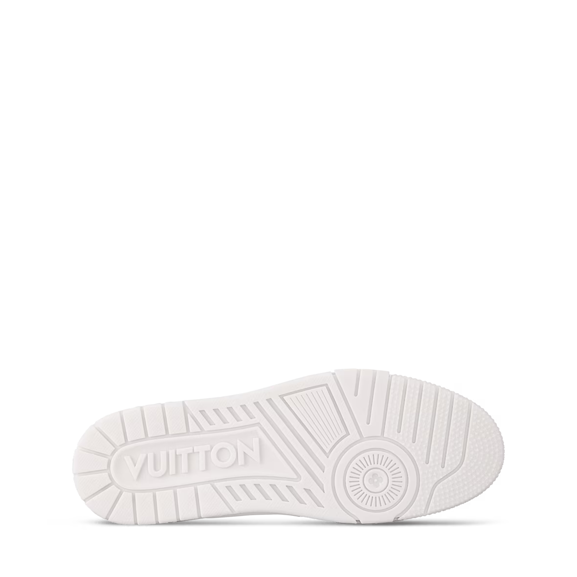 LV Trainer Laufsohle, weiße Gummiprofilsohle mit VUITTON-Relief