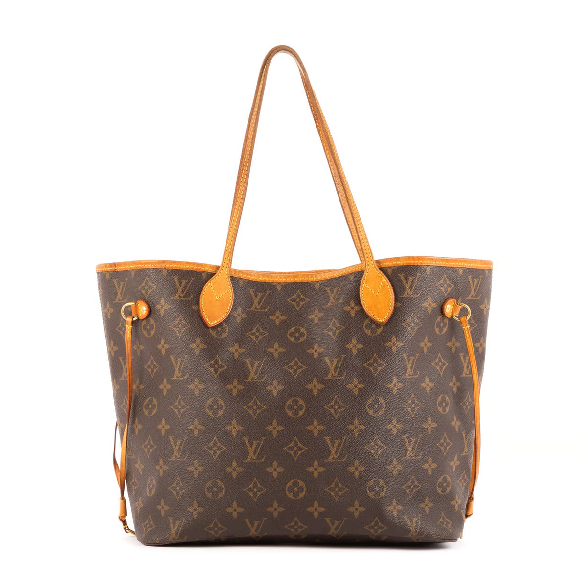 Neverfull tote front view: dark monogram canvas with tan top trim, handles, and zip pulls