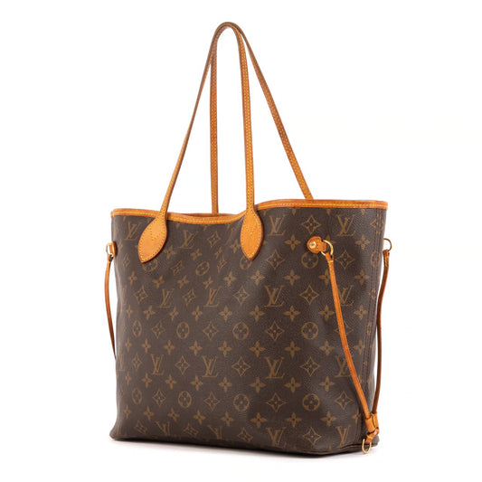 Neverfull tote: dark monogram canvas, tan handles, trim and crossbody strap, black/brown