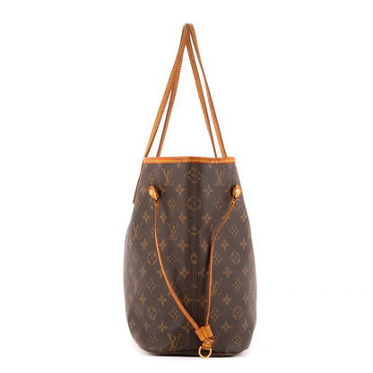 Neverfull tote side view: dark monogram canvas, tan strap with buckle, top handles