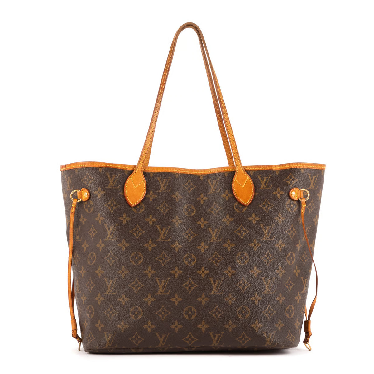 Neverfull tote three-quarter view: dark monogram canvas, tan handles, side drawcord pulls