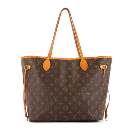 Neverfull tote three-quarter view: dark monogram canvas, tan handles, side drawcord pulls