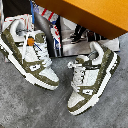Olive green and white LV lace-up trainers with side logo detailing and padded collar