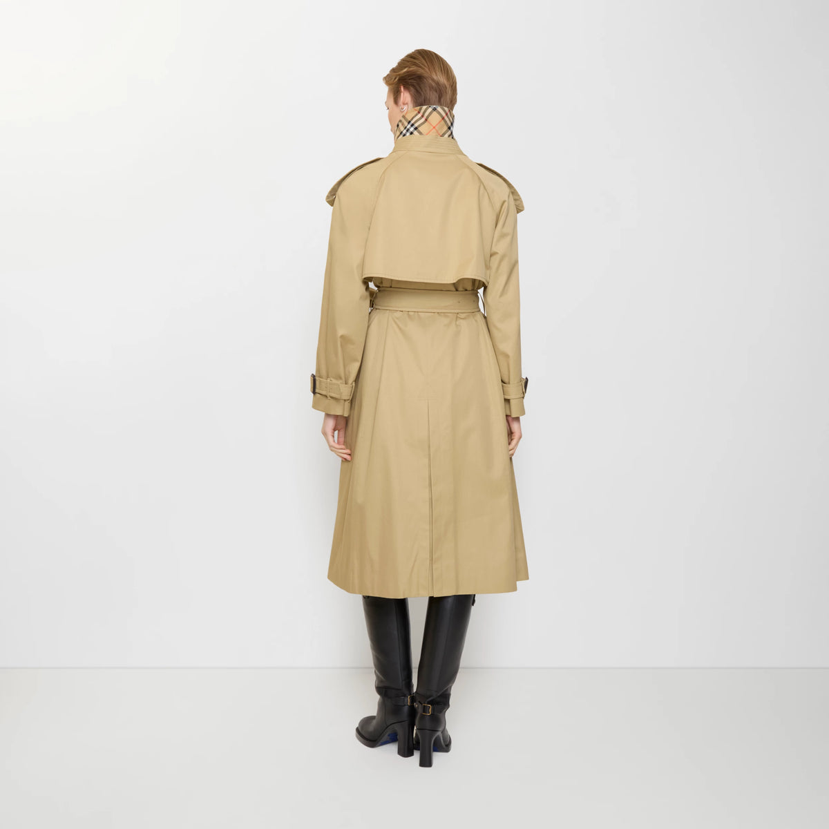Back view long gabardine trench coat, sand beige, belt at back waist and rear vent