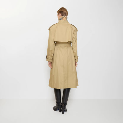 Back view long gabardine trench coat, sand beige, belt at back waist and rear vent