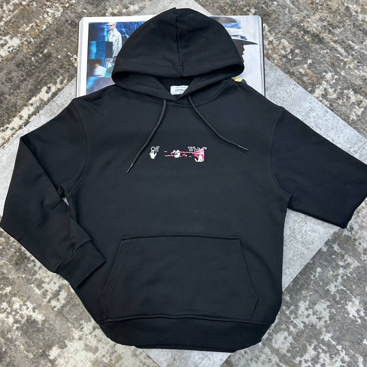 Black Off Wht hoodie with small chest logo, hood, drawstrings, kangaroo pocket