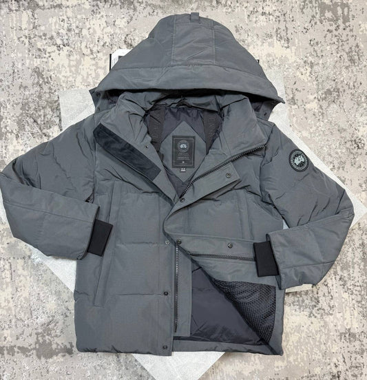 Grey CG coat with hood, button front, chest patch logo, and two front pockets