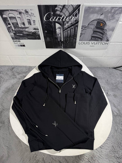 Black tracksuit jacket, full-zip hooded design with drawstrings and LV chest logo