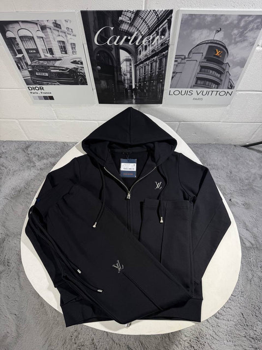 Black tracksuit jacket, full-zip hooded design with drawstrings and LV chest logo