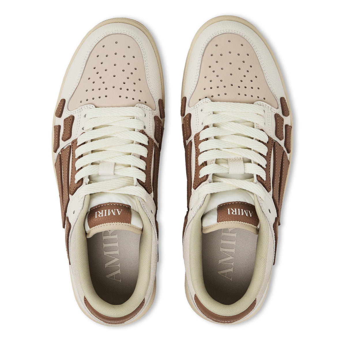 Camel-and-white low trainers with lace-up and perforated toe