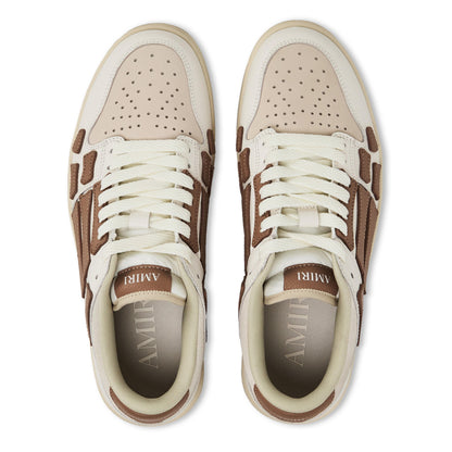 Camel-and-white low trainers with lace-up and perforated toe