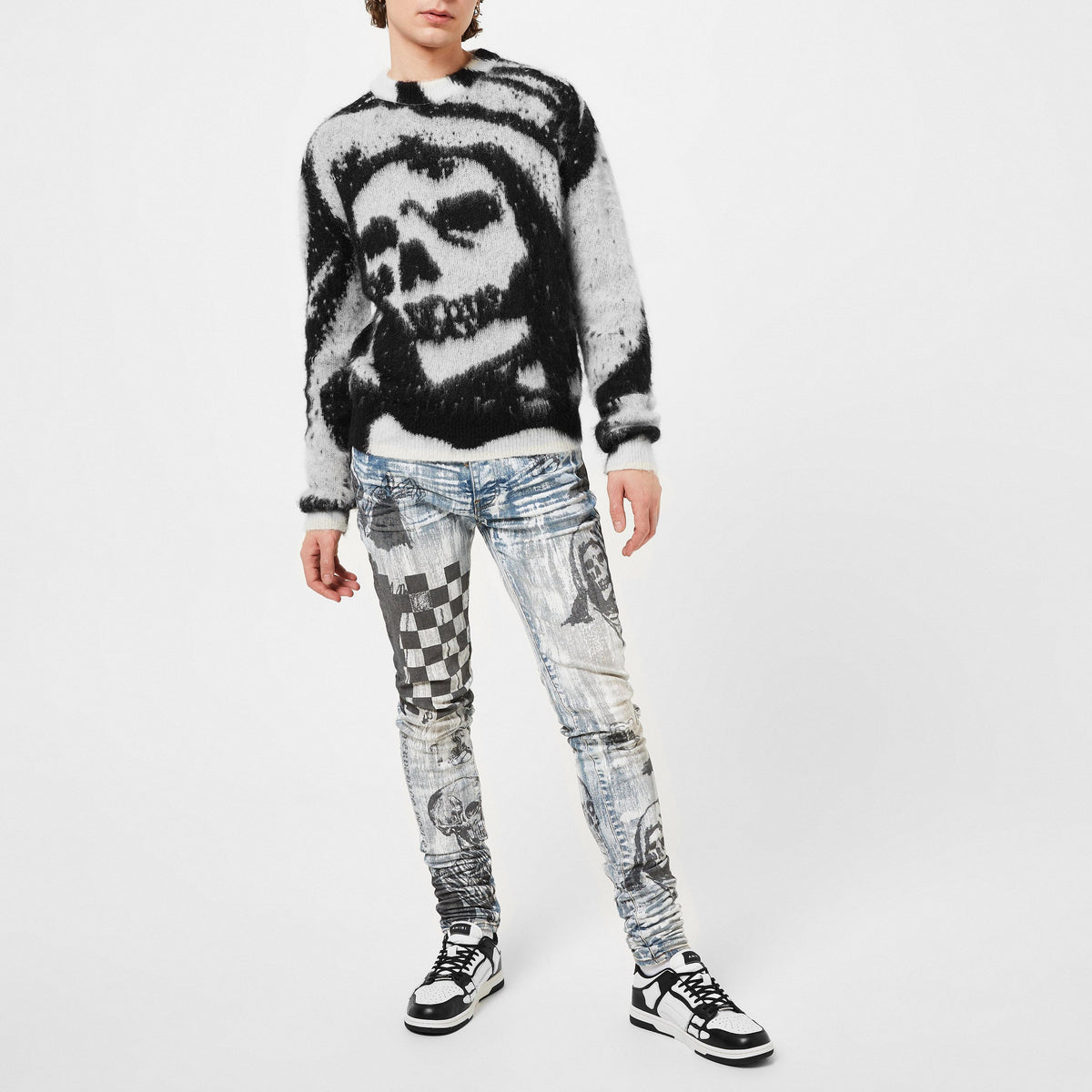 Skeleton-print knit top with skull graphic, long sleeves