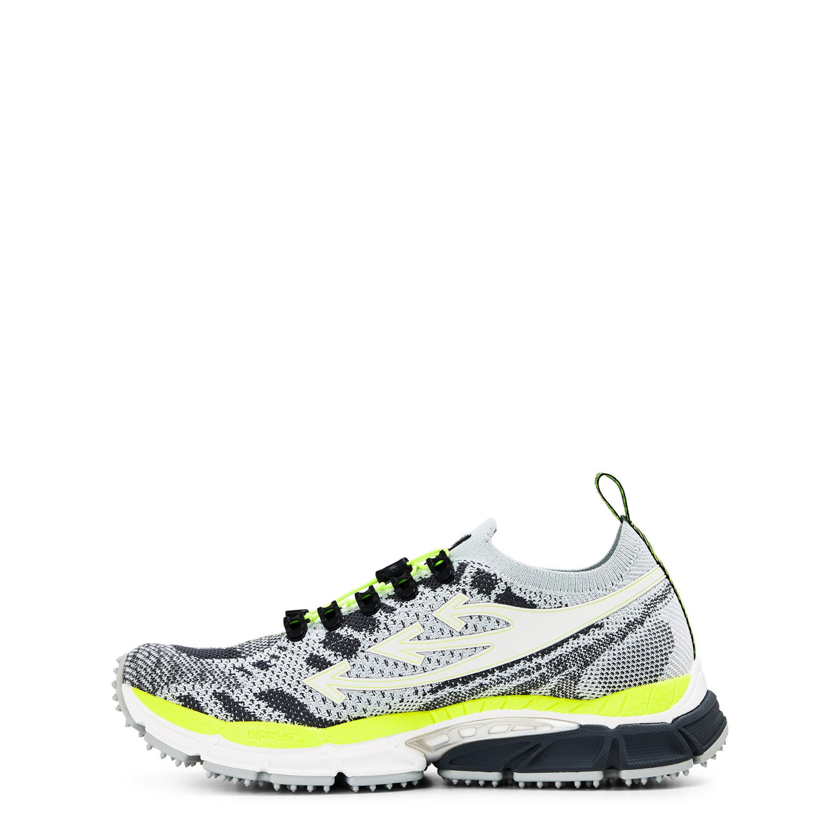 Off White men’s trainers, Grey/Yello style with lace-up front and neon green outsole