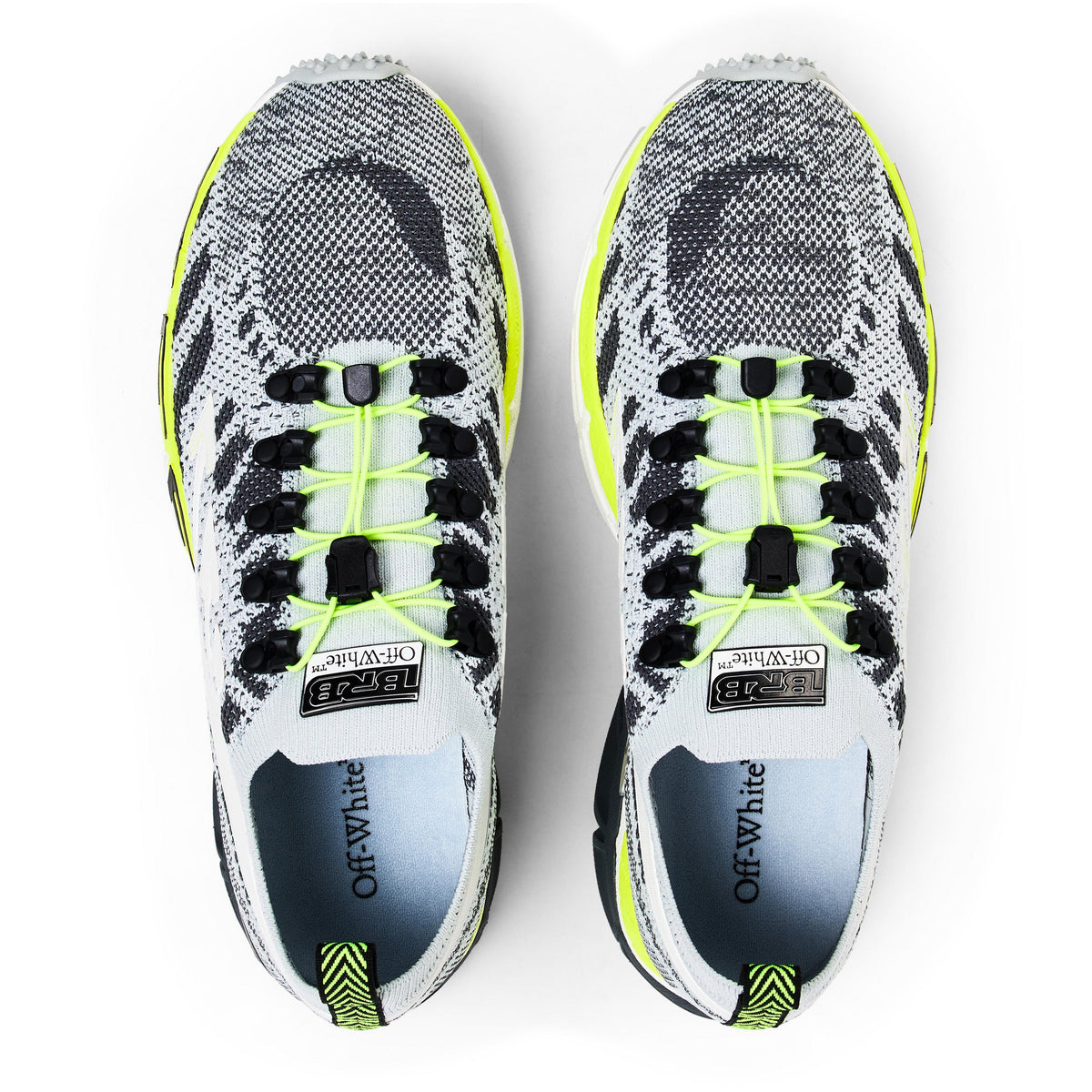 Off White men’s trainers Grey/Yello, top view of lace-up uppers with neon accents