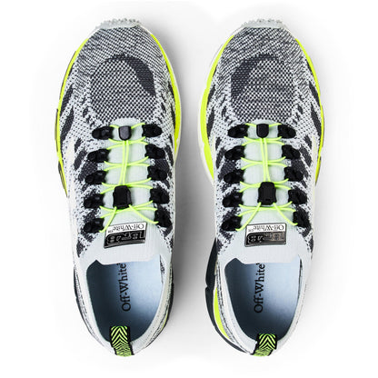 Off White men’s trainers Grey/Yello, top view of lace-up uppers with neon accents