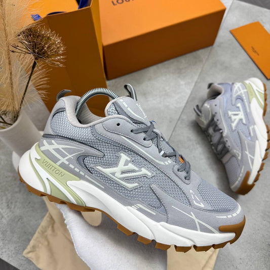 LV Apex runner trainer shoes in light grey with white sole and tan outsole