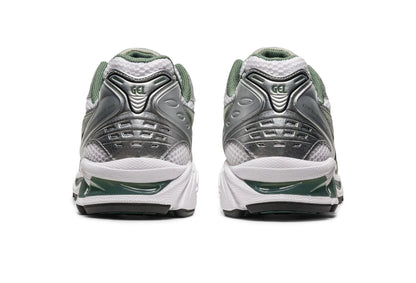Gel Kayano 14 shoes back view with rear GEL branding and green heel trim in silver