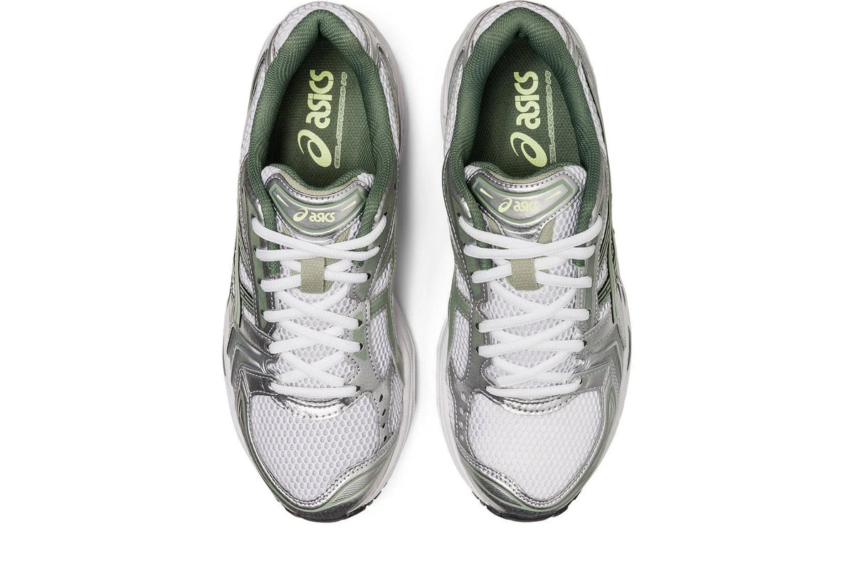 Gel Kayano 14 shoes, white lace-up with dark green inner lining and silver overlays