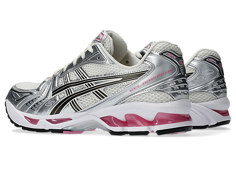ASC Gel Kayano-14, seitliche Ansicht, silber/grau, pinke Akzente an der Sohle