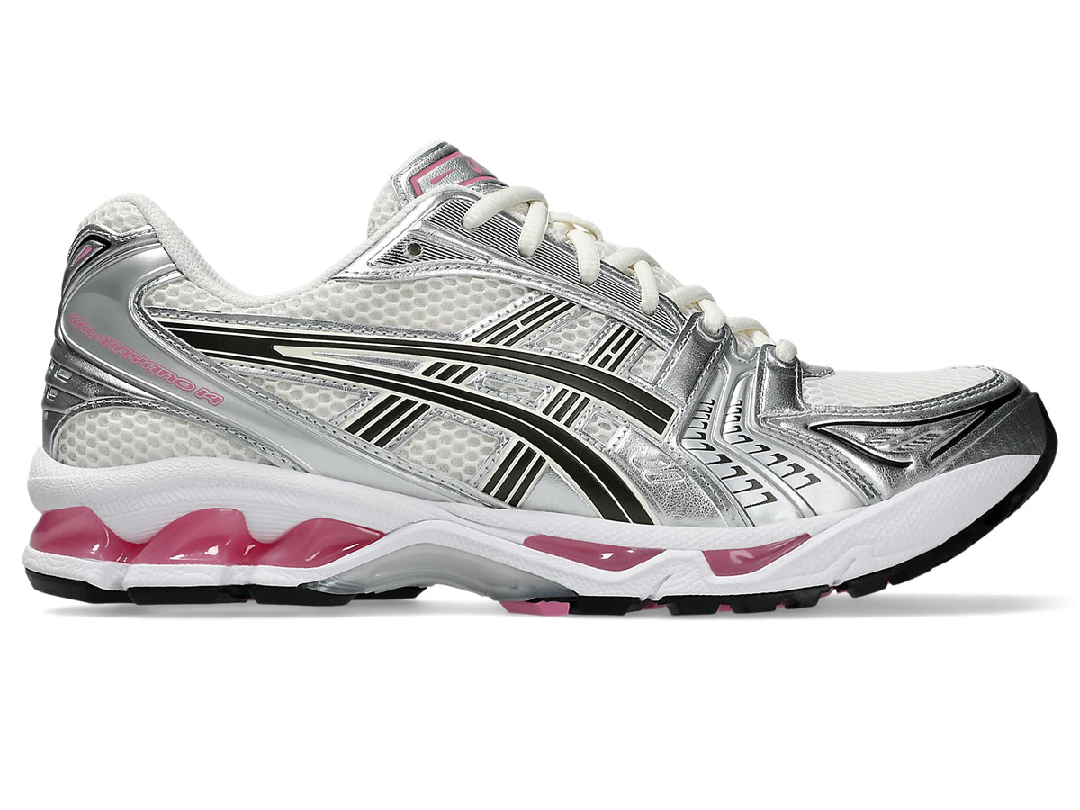 ASC Gel Kayano-14, seitliche Ansicht, silber/grau mit pinkem Dämpfungsstreifen