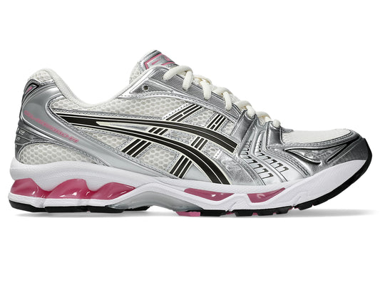 ASC Gel Kayano-14, seitliche Ansicht, silber/grau mit pinkem Dämpfungsstreifen