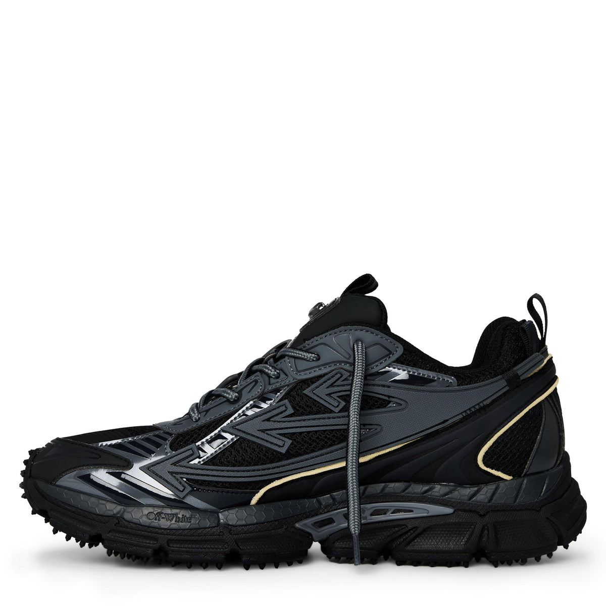 Off White Herren Retro-Sneaker Schwarz mit grauen Paneelen, Schnürung und Profilsohle