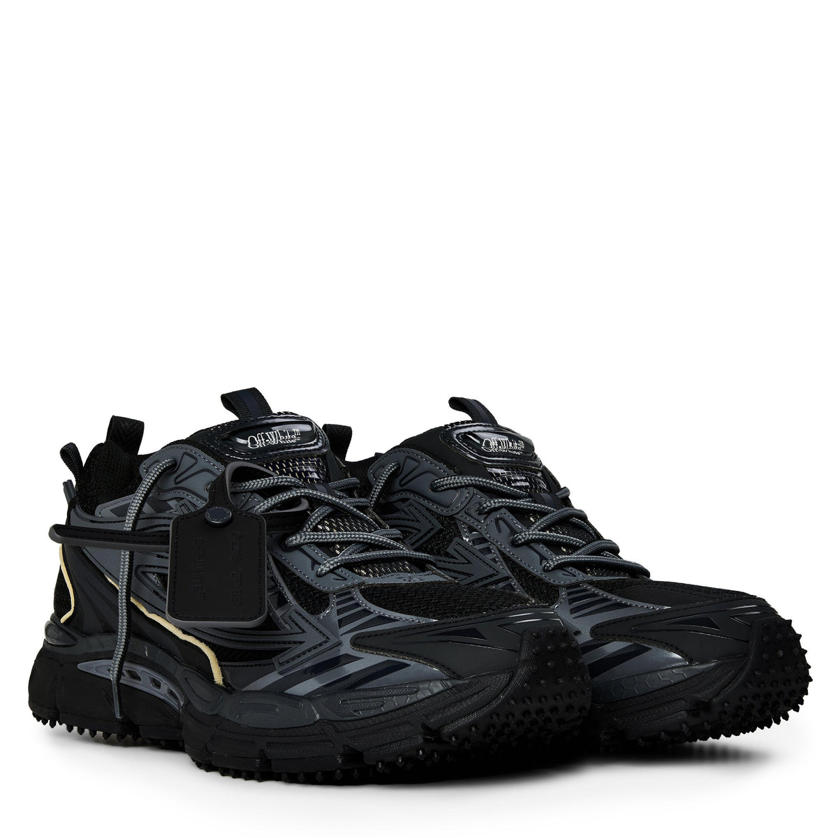 Off White Herren Retro-Sneaker Schwarz/Grau mit gelber Zierlinie, Schnürung und Trageöse