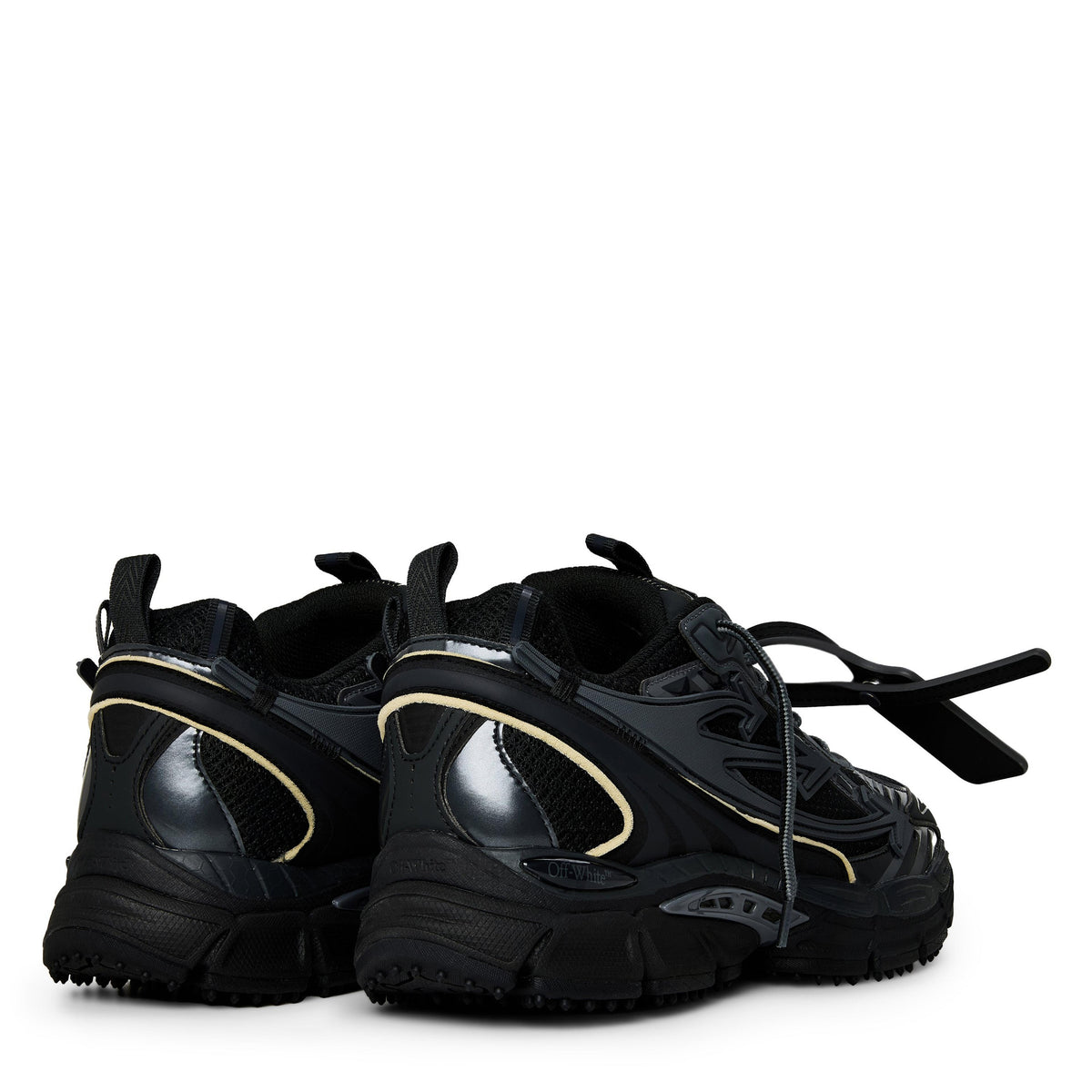 Off White Herren Retro-Sneaker Schwarz mit gelben Akzenten, seitliche Logos, Schnürung