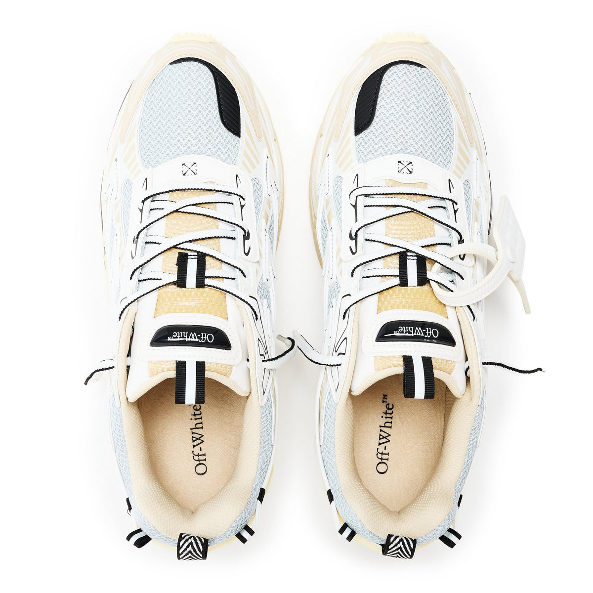 Retro-inspired sneakers in off-white and light blue with lace-up mesh upper and black accents.