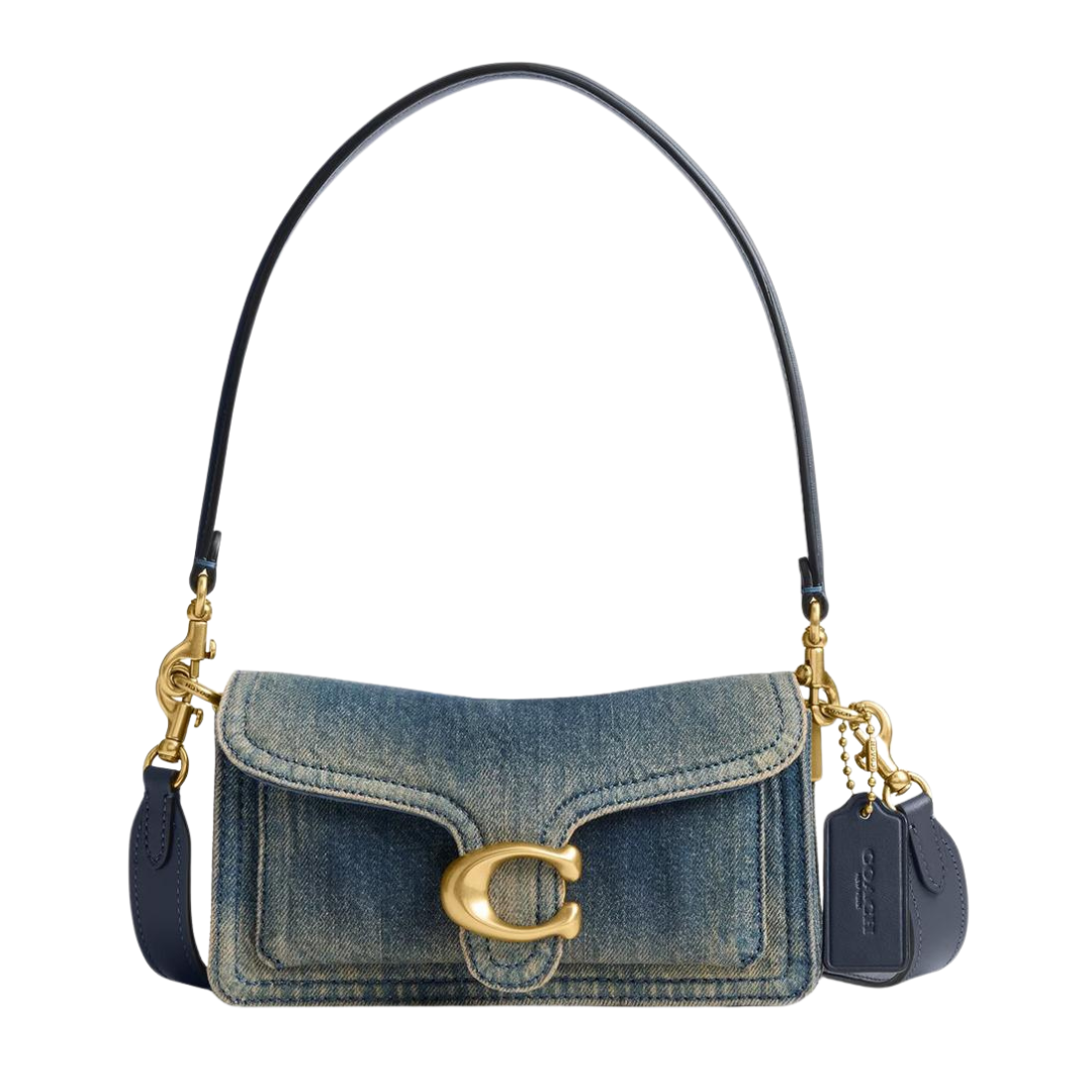 Tabby 20 shoulder bag in dark indigo denim with gold-tone C clasp and flap closure