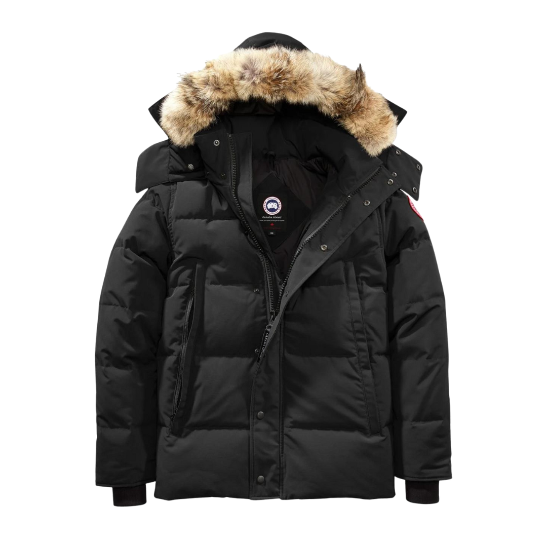 Black puffer jacket with fur-trimmed hood, front zipper and snap buttons