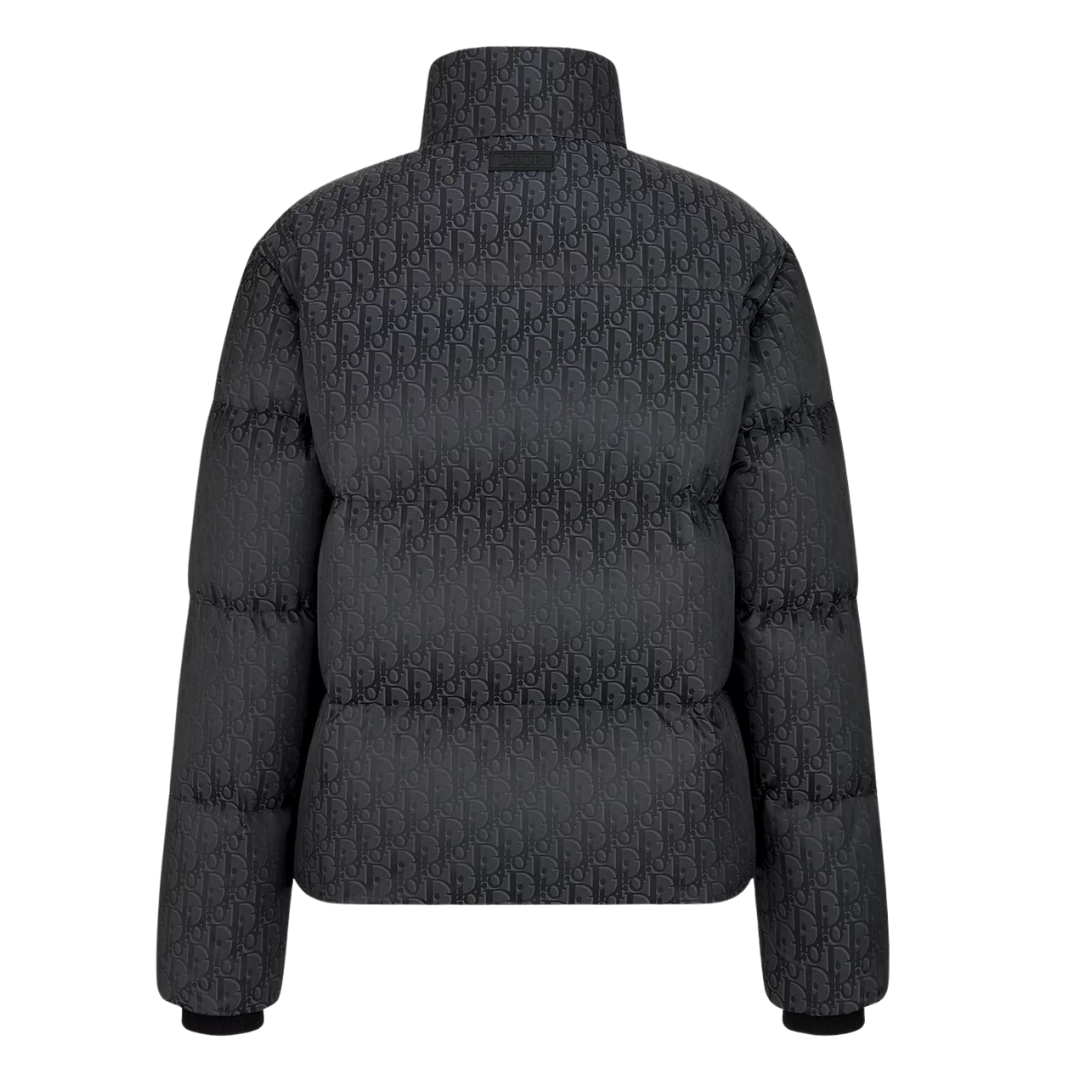 LVE Daunenjacke schwarz, Rückansicht mit Kapuze und Logo-Allover