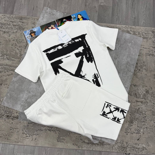 Off-White Graphic T Shirt & Shorts Set – White
