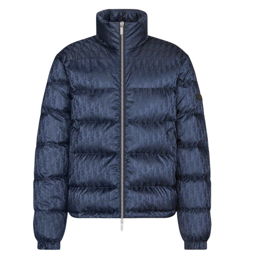 LVE Daunenjacke navyblau, gestepptes Allover-Logo, hoher Kragen