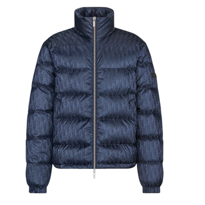 LVE Daunenjacke navyblau, gestepptes Allover-Logo, hoher Kragen