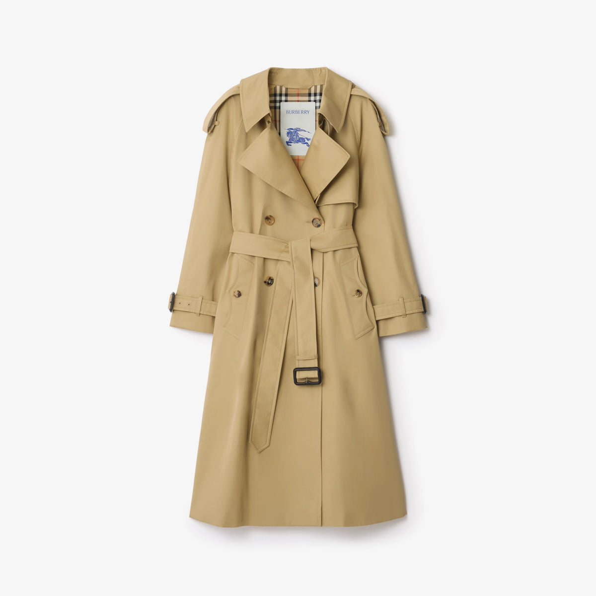 Long gabardine trench coat in sand beige, belted waist, button front and shoulder tabs