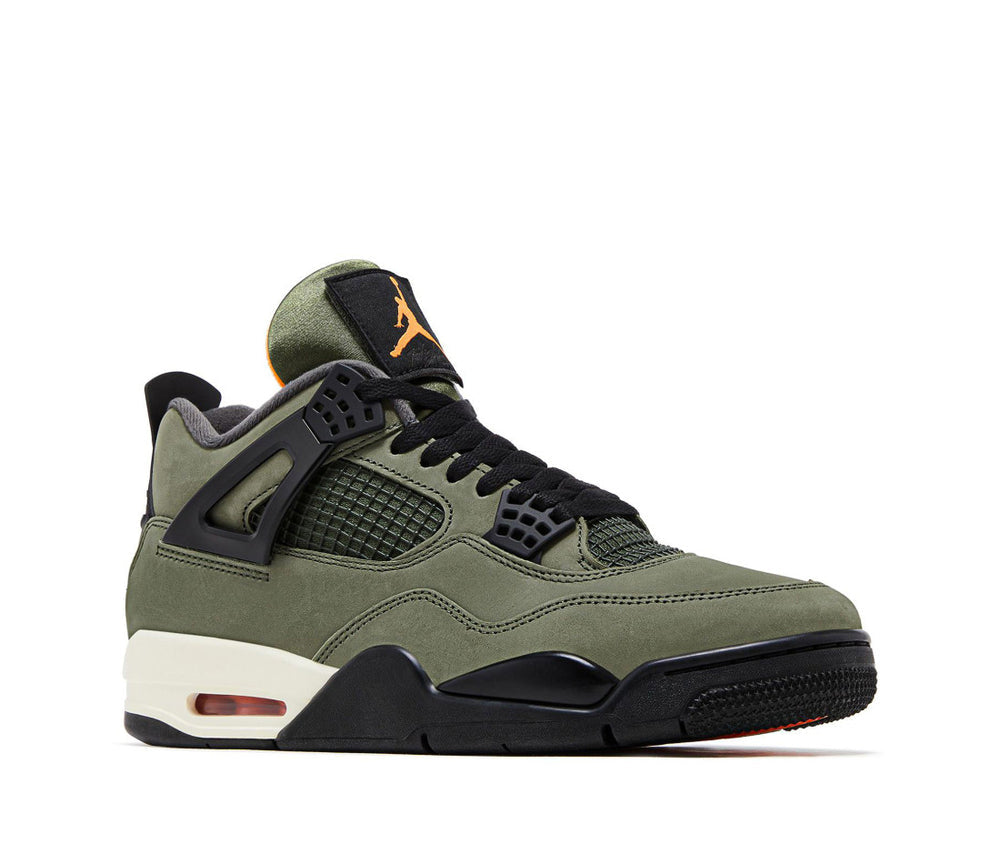 Olive green Air Jordan 4 sneakers with black laces and orange Jumpman on tongue