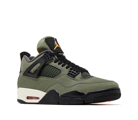 Olive green Air Jordan 4 sneakers with black laces and orange Jumpman on tongue