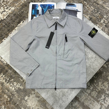 Grey overshirt jacket, full front zip, stand collar, side pockets.
