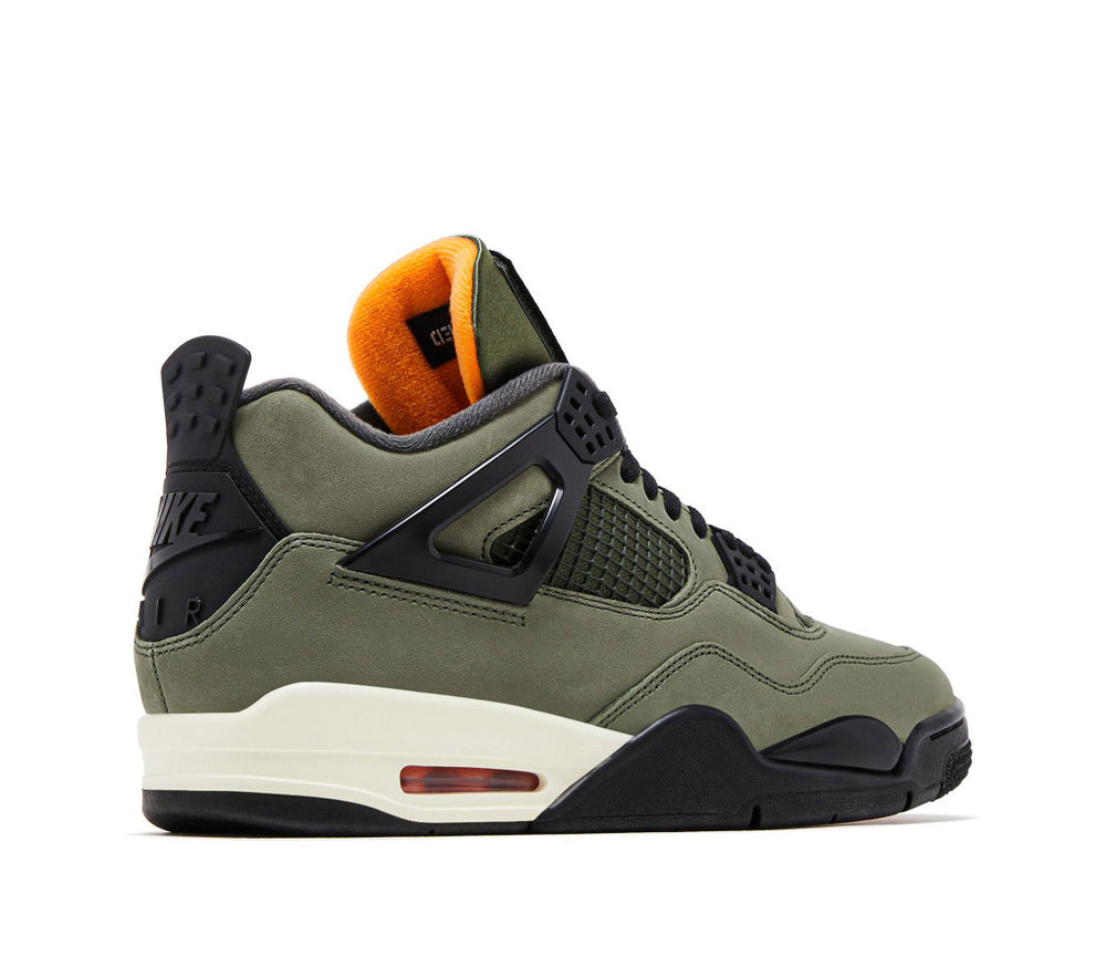 Olive green Air Jordan 4 sneakers with black net overlays and white air unit