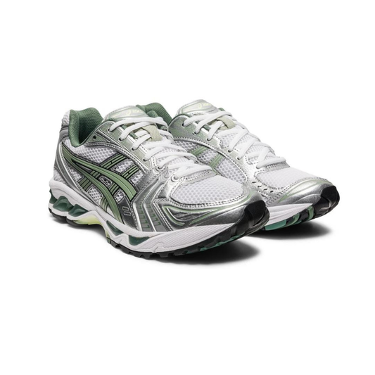 ASC Gel Kayano 14 running shoes in pure silver and slate grey with green accents