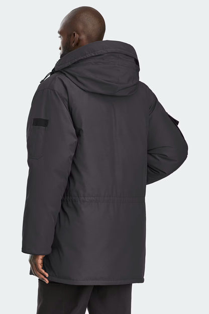 Expedition Parka Black, back view with hood and mid-length insulated parka cut