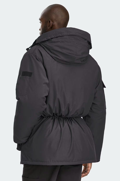 Expedition Parka Black, rear view with hood drawcord and adjustable waist