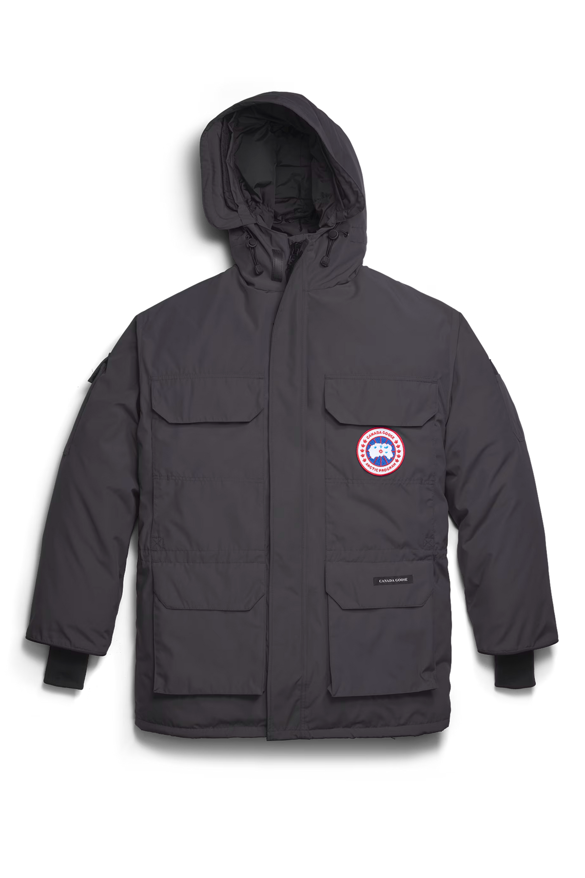 Expedition Parka Granite Grey, adjustable hood, front zip and chest logo patch